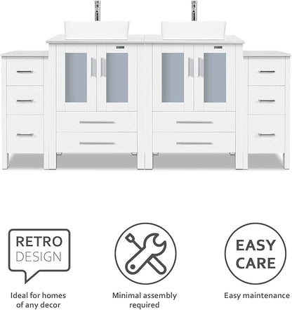 eclife 72" Modern Bathroom Vanity Sink Combo Freestanding Cabinet with Small Side Cabinet, White Rectangle Ceramic Vessel Sink, Water Save Faucet, Drain (White+T03)