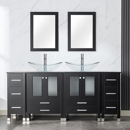 LUCKWIND 72" Double 24-in Bathroom Vanity with Sink Combo, Elegant Series with Two 12.6-in Side Cabinets, Painted Frame, Including Clear Boat Sinks, Faucets Without Mirrors, Black