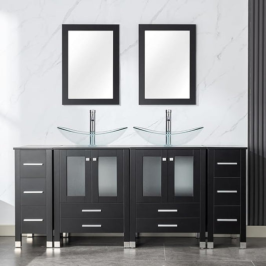 LUCKWIND 72" Double 24-in Bathroom Vanity with Sink Combo, Elegant Series with Two 12.6-in Side Cabinets, Painted Frame, Including Clear Boat Sinks, Faucets Without Mirrors, Black