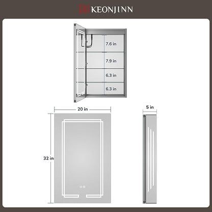 Keonjinn 20 x 32 Inch LED Medicine Cabinet Mirror, Bathroom Medicine Cabinet with Lights, Tempered Glass, UL-Listed, Adjustable Shelves, No Outlets, 3 Color Lights, Dimmable, Wall Mount Only