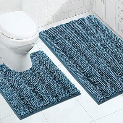 2-Piece Bathroom Rug Set with U-Shaped Mat, Soft Chenille, Turquoise Blue