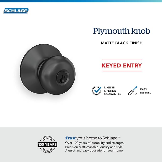 Schlage F51A PLY 622 Plymouth Door Knob, Keyed Entry Lock, Matte Black
