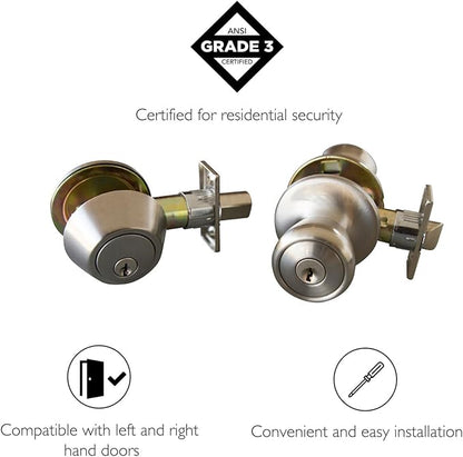 Design House 728683 Terrace 6-Way Universal Entry Door Knob and Single Cylinder Deadbolt Satin Nickel