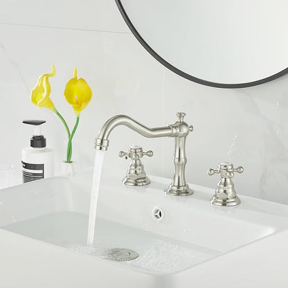 GGStudy 2 Handles 3 Holes Faucet Widespread Bathroom Sink Faucet Brushed Nickel Basin Tap Mixer Faucet Matching Pop Up Drain