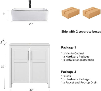 YOURLITE Bathroom Vanity with Sink,30" White Bathroom Vanity Cabinet with White Ceramic Sink Faucet & Pop Up Drain Set