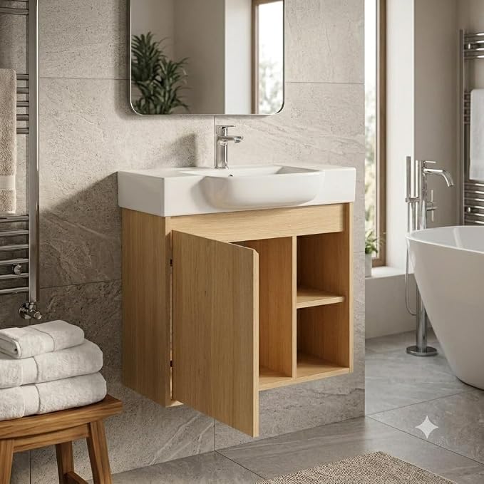 28" Bathroom Vanity with Sink, Wall-Mounted Cabinet, Light Oak | Ceramic Sink, Soft-Close Door & 2 Open Storage Shelves, Modern Farmhouse Sink Cabinet, Easy to Clean for Small Bathroom