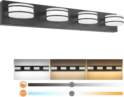 GOODATE 3 Color Temperature Dimmable Bathroom Light Fixtures Over Mirror, LED Black 4 Light Vanity Lighting Fixtures, Acrylic Stainless Steel Oval Shade Vanity Lights for Bathroom, ETL Certificated