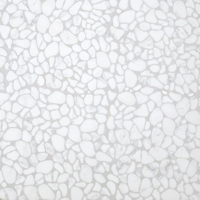 SUNWINGS 10-Sheet Pebble Tile for Shower Floor Border Kitchen Bathroom Backsplash, Carrara White Recycled Glass Marble Stone Looks Wall and Floor Tile, Covers 7.9 Sq. Ft