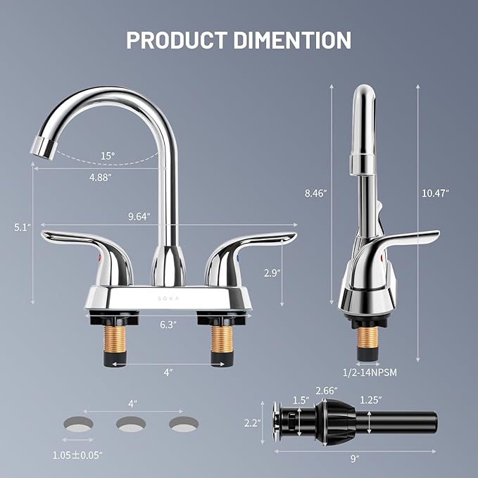 Bathroom Sink Faucet for 3 Hole, 4 Inch Stainless Steel Faucet for Bathroom, Bathroom Faucets with Deck Plate & Pop-Up Pop-Up Drain Assembly 2-Handle Faucet for Bathroom Sink Vanity RV Restroom
