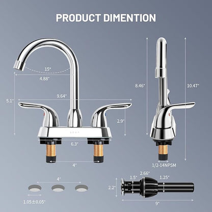 Bathroom Sink Faucet for 3 Hole, 4 Inch Stainless Steel Faucet for Bathroom, Bathroom Faucets with Deck Plate & Pop-Up Pop-Up Drain Assembly 2-Handle Faucet for Bathroom Sink Vanity RV Restroom