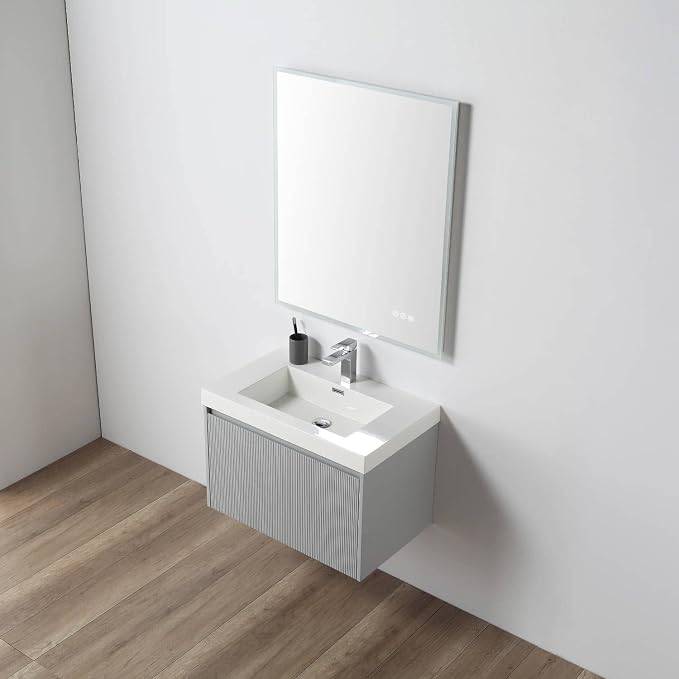 Blossom 30 Inch Bathroom Vanity with Sink | All Wood Wall Mounted Floating Vanity Cabinet with Acrylic Sink | Soft-Close Drawer | Modern Minimalist Style Vanities (30" w/Acrylic Basin, Light Grey)
