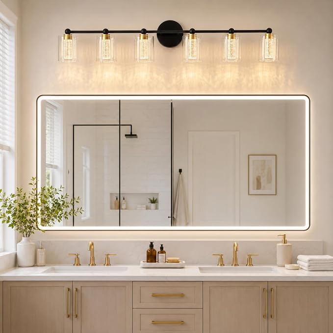 Black and Gold Vanity Light with 3 Color Modes, Eye Protection LED Bathroom Light Fixtures, Dimmable Modern Wall Light Over Mirror with Clear Glass Shade (Black & Gold, 6-Light)