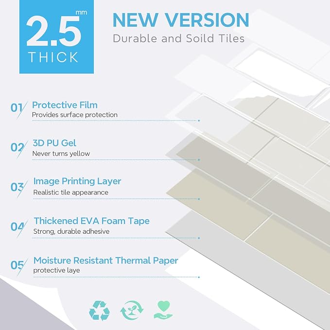 STICKGOO 10-Sheet Subway Peel and Stick Backsplash Tiles Putty Beige | Waterproof 3D PVC wall tiles with strong adhesive, extra thick for kitchen backsplash and bathroom walls