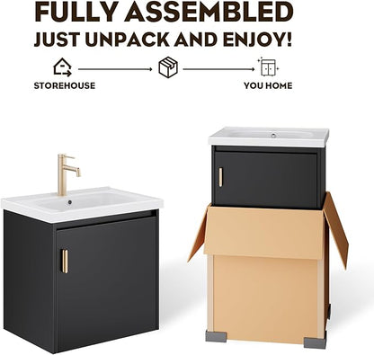 phiestina 20 Inch Floating Small Bathroom Vanity, Pre-Assembled Wall Mounted Black Cabinet with Soft-Close Door,Single Hole Ceramic Sink, Modern Space-Saving Design, No Faucet,BV04-20-PUREBLACK