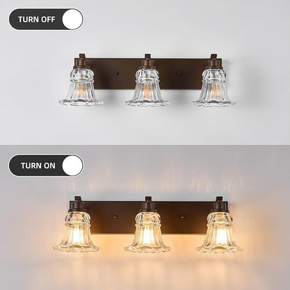 Vintage 3-Light Bathroom Vanity Light, Oil Rubbed Bronze Bathroom Light Fixtures with Floral Clear Glass Shades, Antique Wall Sconce Fixtures for Dressing Table, Bedroom