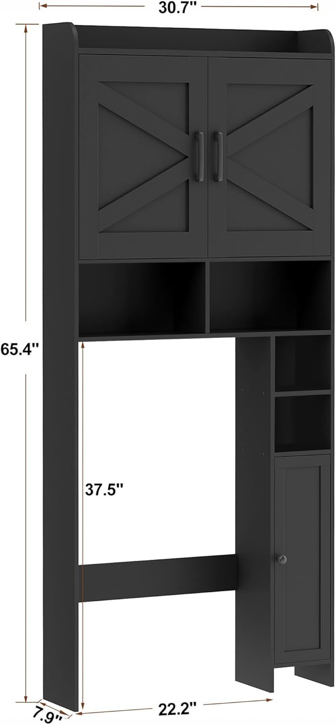 Homhedy Over The Toilet Storage Cabinet with 2 Barn Door and Toilet Paper Holder Stand, FreeStanding Toilet Shelf Space Saver, for Bathroom, Restroom, Laundry, Black