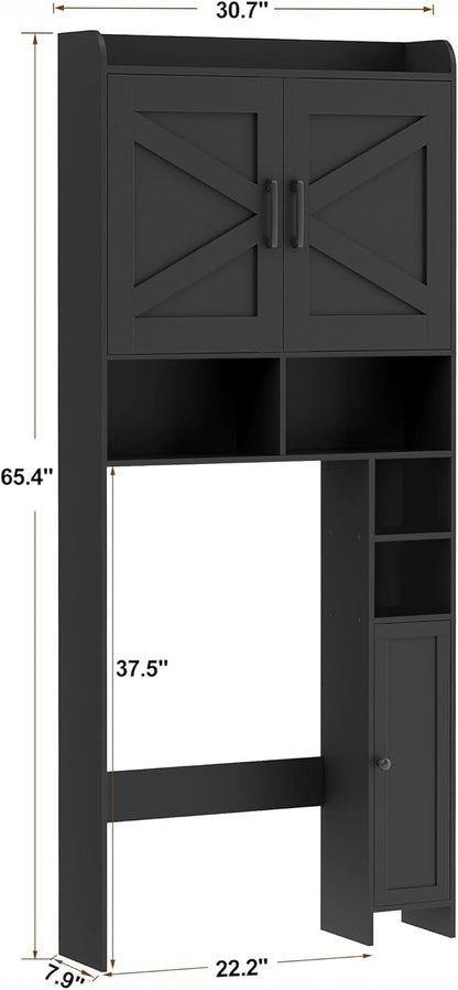 Homhedy Over The Toilet Storage Cabinet with 2 Barn Door and Toilet Paper Holder Stand, FreeStanding Toilet Shelf Space Saver, for Bathroom, Restroom, Laundry, Black