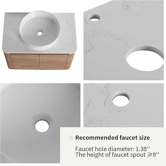 LKTART 30 Inch Floating Bathroom Vanity with Sink, Modern Wall Mounted Bathroom with Soft Close Door, White Round Ceramic Basin and Sintered Stone Top