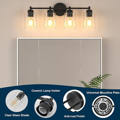 4-Light Bathroom Light Fixtures, Matte Black Modern Vanity Light with Clear Glass Shades, Bathroom Sconce for Mirror Living Room Cabinet Bedroom Porch,E26 Base(Bulbs Not Included)
