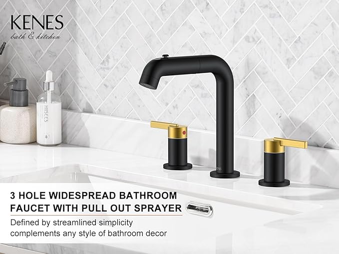 KENES Black and Gold Pull Out Widespread Bathroom Faucet 3 Hole, 8 Inch 2 Handle Bathroom Sink Faucet with Pull Out Sprayer, Vanity Faucet with Pop Up Drain & Supply Lines LJ-9058A-BG