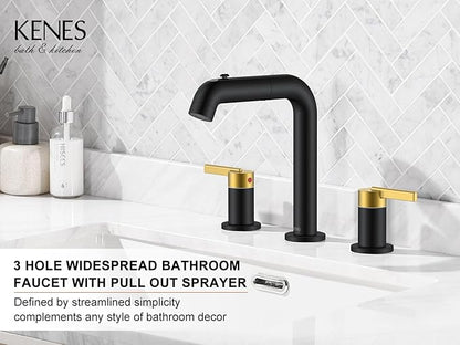KENES Black and Gold Pull Out Widespread Bathroom Faucet 3 Hole, 8 Inch 2 Handle Bathroom Sink Faucet with Pull Out Sprayer, Vanity Faucet with Pop Up Drain & Supply Lines LJ-9058A-BG