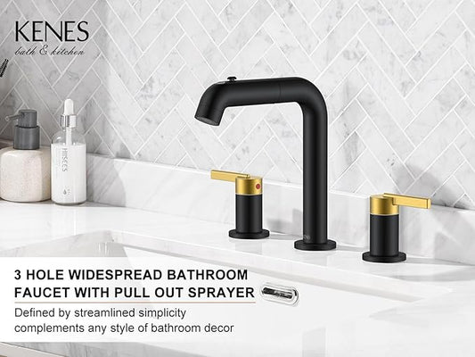 KENES Black and Gold Pull Out Widespread Bathroom Faucet 3 Hole, 8 Inch 2 Handle Bathroom Sink Faucet with Pull Out Sprayer, Vanity Faucet with Pop Up Drain & Supply Lines LJ-9058A-BG