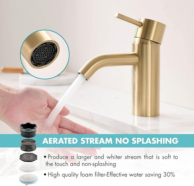 Brushed Gold Bathroom Faucet, Single Hole Bathroom Sink Faucet Modern Single Handle Vanity Faucet with Pop-up Drain and Supply Lines,100102-BG