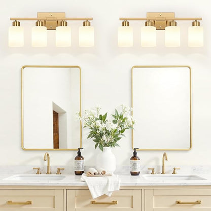 4-Light Bathroom Light Fixtures, Brushed Gold Vanity Light with Milky White Frosted Glass Shades, Modern Bathroom Vanity Light for Mirror, Bedroom, Hallway, or Living Room