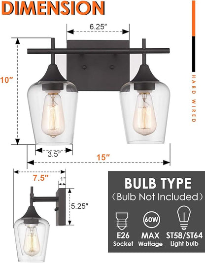 Oil Rubbed Bronze Bathroom Light Fixture, 2 Lights Bathroom Vanity Lights Over Mirror with Clear Glass, Farmhouse Bath Wall Sconce Light, WL9167-2A