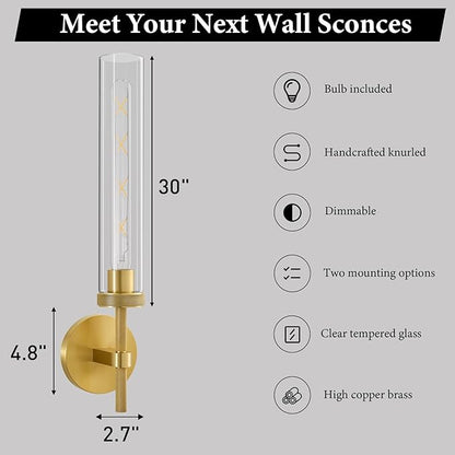 Brass Knurled Tube Wall Sconce - Luxury Modern Glass Sconces with Bulbs - Vertical Mounted Light Fixture - Gold Dimmable Indoor Lighting for Vanity Mirror Bathroom Bedroom Living Room Hallway