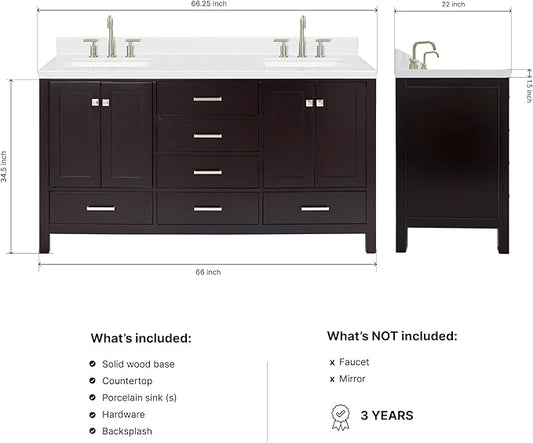 DKB Beckford 66" Espresso Double Bathroom Vanity, 1.5" Carrara White Quartz Countertop, Dual Rectangular Undermount Sinks, 4 Soft Closing Shaker Doors, 6 Full Extension Dovetail Drawers