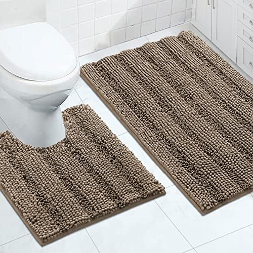 2-Piece Bathroom Rug Set with U-Shaped Mat, Absorbent Chenille, Taupe Brown