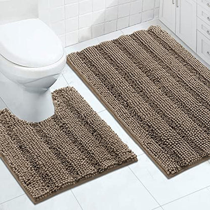 2-Piece Bathroom Rug Set with U-Shaped Mat, Absorbent Chenille, Taupe Brown
