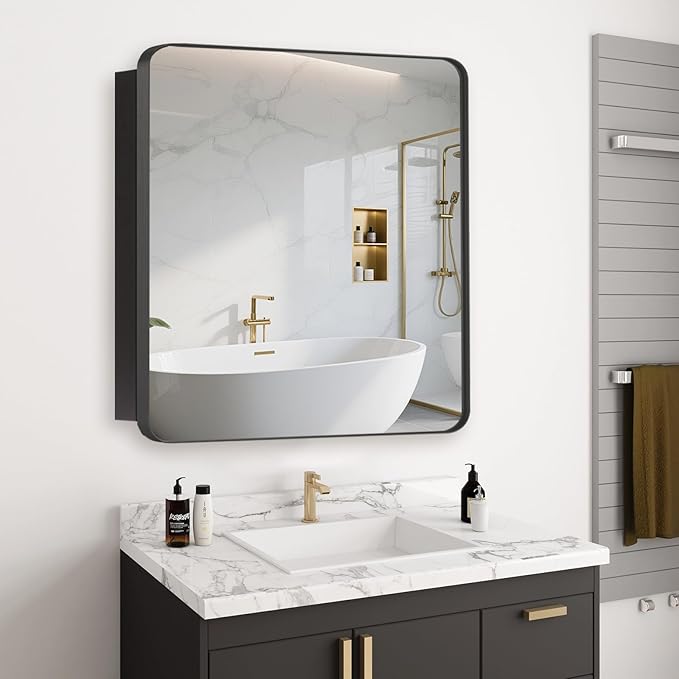 28’’x28’’ Medicine Cabinet,Metal Framed Medicine Cabinet Mirror with Round Corner,Recessed and Surface Mount Bathroom Mirror with Storage, Removeable Shelves,Dark Gray Frame