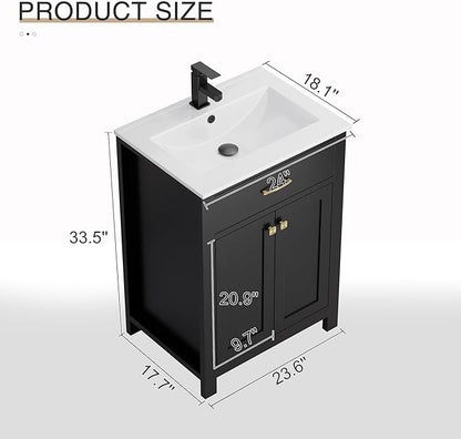 LUCKWIND 24" Bathroom Vanity with Sink Combo, Painted Modern Bathroom Storage Cabinet with Ceramic Sink, Two Doors, Include Faucet Without Mirror, Black
