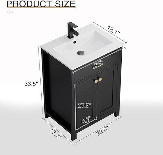 LUCKWIND 24" Bathroom Vanity with Sink Combo, Painted Modern Bathroom Storage Cabinet with Ceramic Sink, Two Doors, Include Faucet Without Mirror, Black