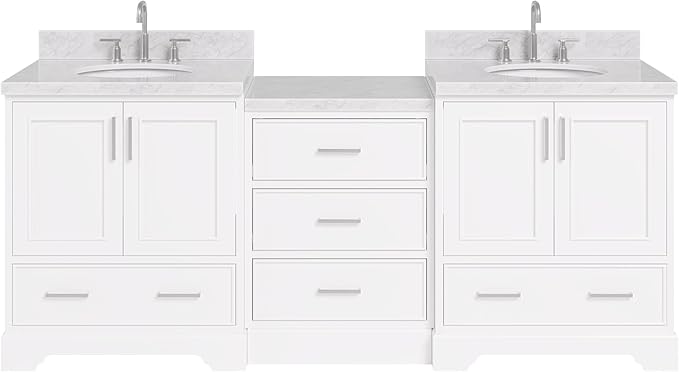 ARIEL Stafford 84-inch Bathroom Vanity with Sink,Solid Wood, 1.5in Italian Carrara Marble Countertop & Backsplash, Double Oval Porcelain Sink, 4 Soft Closing Doors, 5 Dovetail Drawers, White