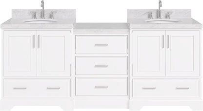 ARIEL Stafford 84-inch Bathroom Vanity with Sink,Solid Wood, 1.5in Italian Carrara Marble Countertop & Backsplash, Double Oval Porcelain Sink, 4 Soft Closing Doors, 5 Dovetail Drawers, White