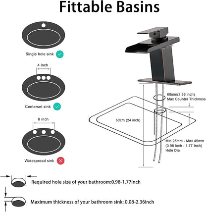 LED Bathroom Sink Faucet, Oil Rubbed Bronze Waterfall Single Hole Handle Vanity Faucets for Sinks 1 Hole with Metal Pop Up Drain and 2 Water Supply Lines, Stainless Steel Spout