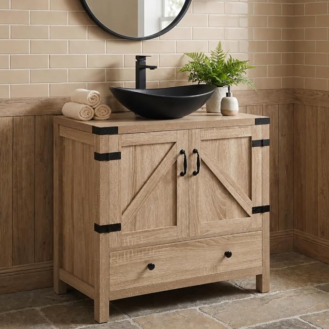 28 inch Natural Color Bathroom Vanity, Rustic Fixture Standing Pedestal Cabinet with Black Ceramic Boat Sink