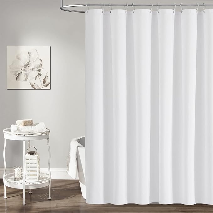 60x72 Linen Textured Waterproof Thick Fabric Shower Curtain Set, White | Narrow Size, 230GSM Polyester, Heavy Duty Cloth, Weighted Hem, 10 Plastic Hooks, Modern Luxury Hotel Style, Machine Washable
