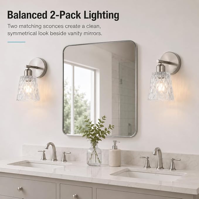 Brushed Nickel Bathroom Light Fixtures, 1-Light Modern Vanity Wall Sconce, 2-Pack, Textured Glass Shades, Stainless Steel Construction, E26 Sockets (Bulbs Not Included)
