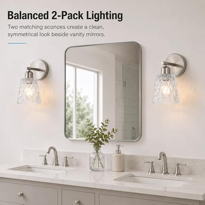 Brushed Nickel Bathroom Light Fixtures, 1-Light Modern Vanity Wall Sconce, 2-Pack, Textured Glass Shades, Stainless Steel Construction, E26 Sockets (Bulbs Not Included)