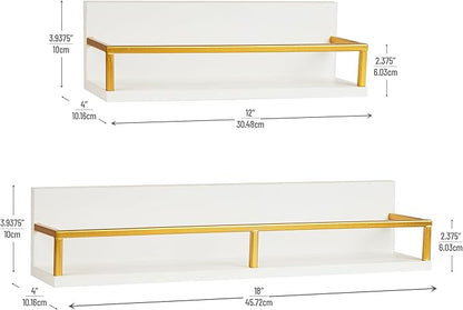 Mind Reader Floating Shelves, Wall-Mounted Office Organizers, Modern MDF Display Storage with Metal Rail, Metal. MDF, Set of 2, White