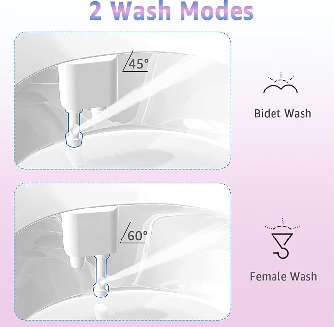 Toilet Bidet Attachment for Toilet, No-Electric Fresh Cold Water with Dual Nozzles Sprayer, 3 Wash Modes (Feminine/Bidet Wash + Self-Cleaning)，Fits Standard Toilet Bowl, Blue Pink
