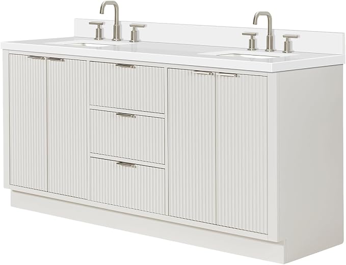 ARIEL Milan 72-inch Bathroom Vanity with Sink,Solid Wood, 1.5-inch Pure White Quartz Countertop & Backsplash, Double Rectangular Porcelain Sink, 4 Soft Closing Doors, 3 Dovetail Drawers, Warm White