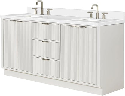 ARIEL Milan 72-inch Bathroom Vanity with Sink,Solid Wood, 1.5-inch Pure White Quartz Countertop & Backsplash, Double Rectangular Porcelain Sink, 4 Soft Closing Doors, 3 Dovetail Drawers, Warm White