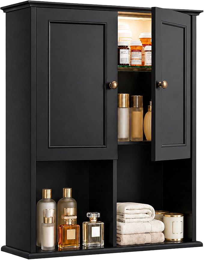 HAIOOU 23.6 inch Bathroom Wall Cabinet with Motion Sensor Light - Black | Wall Mount Medicine Cabinet with Recessed Panel Doors, Adjustable Glass Shelf, Soft Close Hinges for Over the Toilet Storage