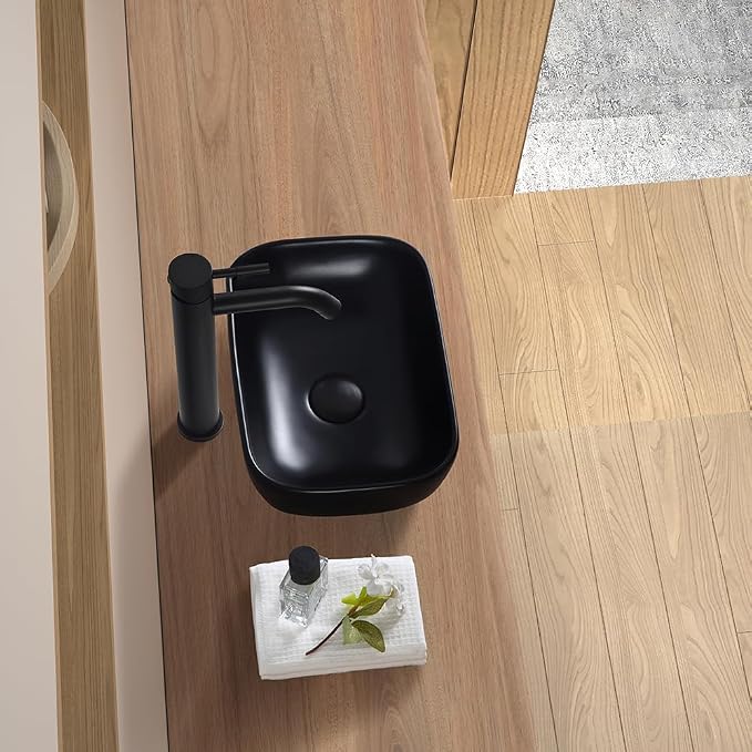 Black Vessel Sink 14.5"x10" Small Bathroom Sink Above Counter | 14 Inch Small Vessel Sink Black Ceramic Porcelain Bowl for Vanity Wash Basin Countertop Design