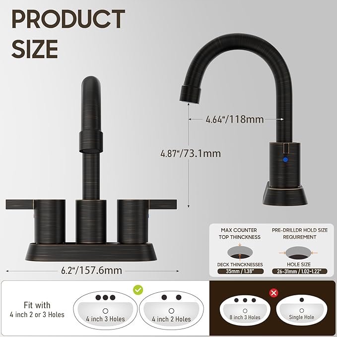 Phiestina 2 or 3 Holes Oil Rubbed Bronze 4 Inch 2 Handle Centerset Lead-Free Bathroom Sink Faucet, 360 Degree Swivel Spout with Copper Pop Up Drain and 2 Water Supply Lines, BF015-1-ORB